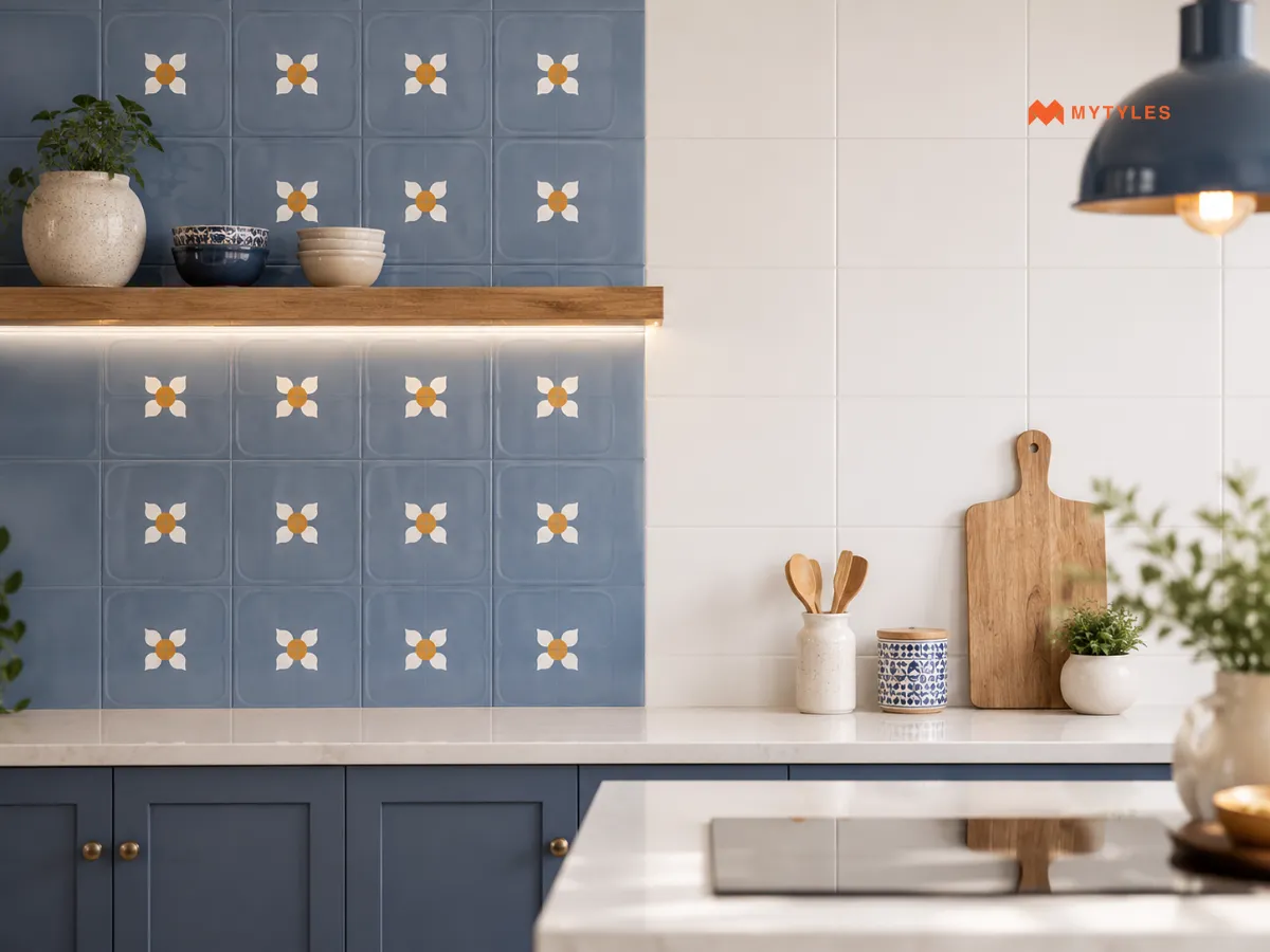 Blue Moroccan Tiles With Plain White Tiles